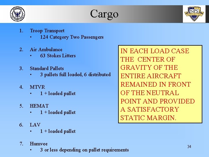 Cargo 1. Troop Transport • 124 Category Two Passengers 2. Air Ambulance • 63