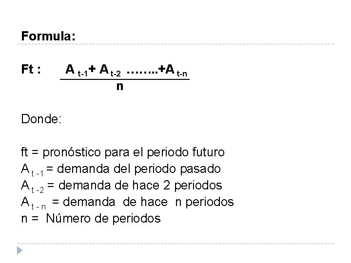 Formula: Ft : A t-1+ A t-2 ……. . +A t-n n Donde: ft