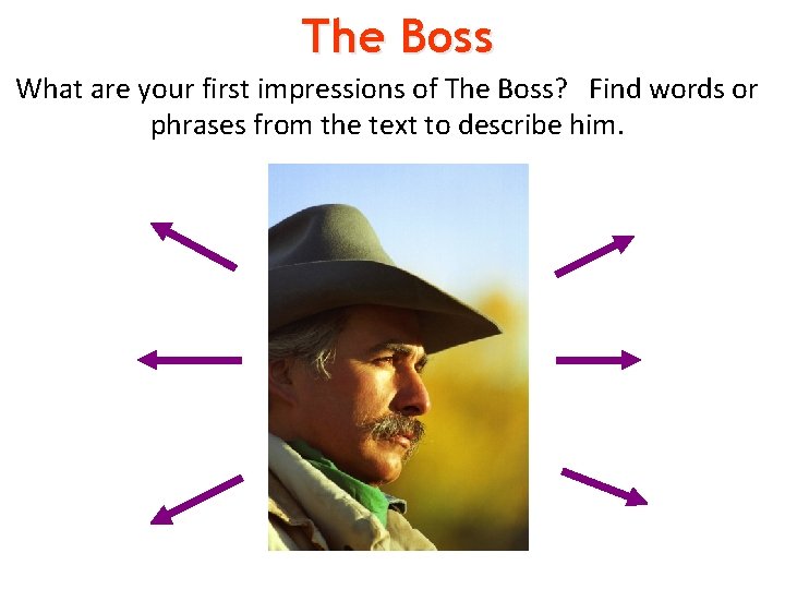 The Boss What are your first impressions of The Boss? Find words or phrases The Boss What are your first impressions of The Boss? Find words or phrases