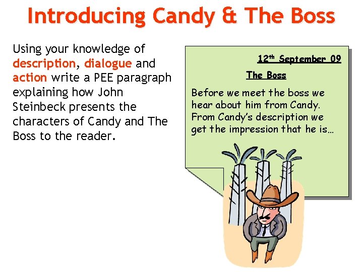 Introducing Candy & The Boss Using your knowledge of description, dialogue and action write Introducing Candy & The Boss Using your knowledge of description, dialogue and action write