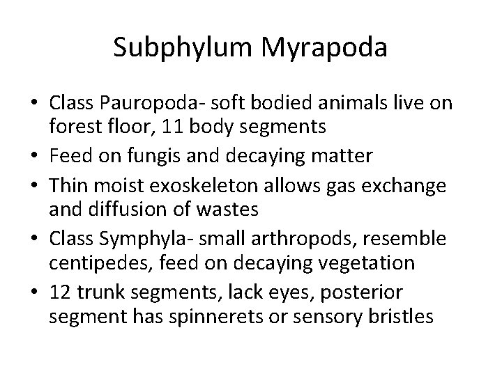 Subphylum Myrapoda • Class Pauropoda- soft bodied animals live on forest floor, 11 body