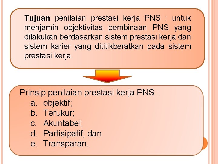 Tujuan penilaian prestasi kerja PNS : untuk menjamin objektivitas pembinaan PNS yang dilakukan berdasarkan