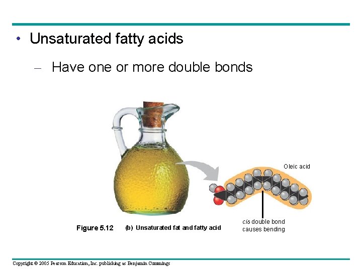  • Unsaturated fatty acids – Have one or more double bonds Oleic acid