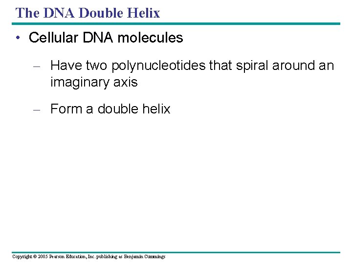 The DNA Double Helix • Cellular DNA molecules – Have two polynucleotides that spiral