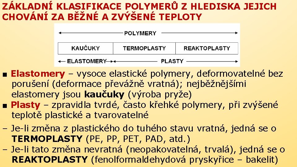ZÁKLADNÍ KLASIFIKACE POLYMERŮ Z HLEDISKA JEJICH CHOVÁNÍ ZA BĚŽNÉ A ZVÝŠENÉ TEPLOTY ■ Elastomery