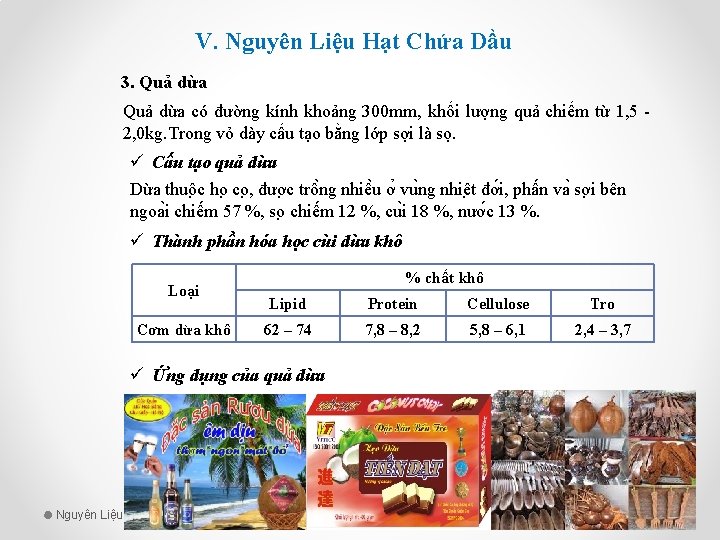 V. Nguyên Liệu Hạt Chứa Dầu 3. Quả dừa có đường kính khoảng 300