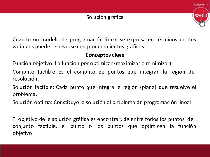 Solución gráfica Cuando un modelo de programación lineal se expresa en términos de dos