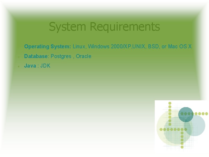 System Requirements Operating System: Linux, Windows 2000/XP, UNIX, BSD, or Mac OS X Database: