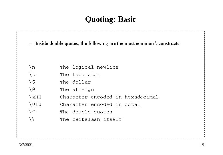 Quoting: Basic – Inside double quotes, the following are the most common -constructs n