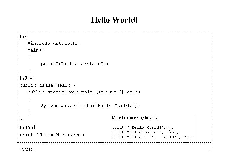 Hello World! In C #include <stdio. h> main() { printf(“Hello Worldn”); } In Java