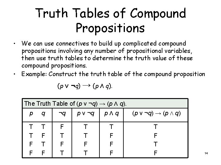 Truth Tables of Compound Propositions • We can use connectives to build up complicated