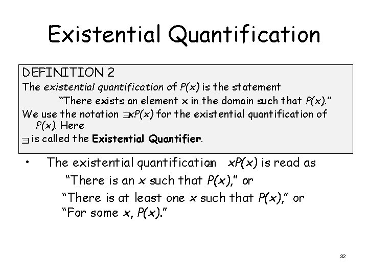 Existential Quantification DEFINITION 2 The existential quantification of P(x) is the statement “There exists