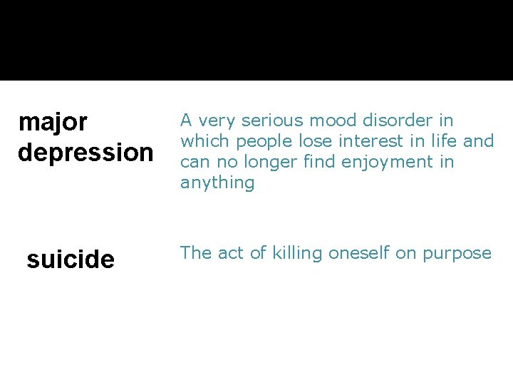 Suicide Vocabulary major depression suicide A very serious mood disorder in which people lose