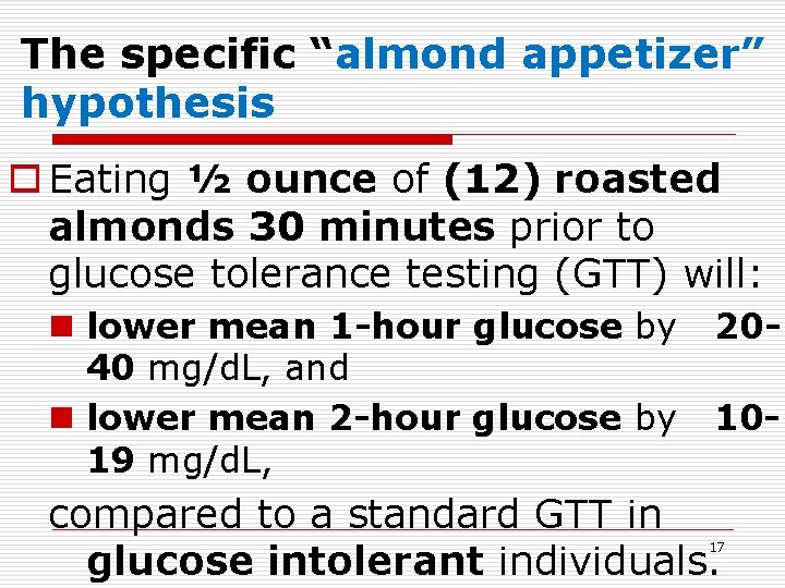 The specific “almond appetizer” hypothesis o Eating ½ ounce of (12) roasted almonds 30