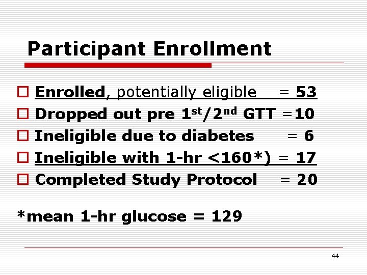 Participant Enrollment o o o Enrolled, potentially eligible = 53 Dropped out pre 1