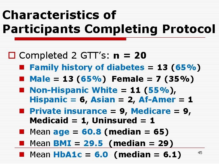 Characteristics of Participants Completing Protocol o Completed 2 GTT’s: n = 20 n Family