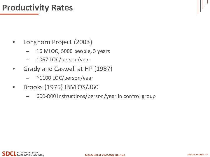 Productivity Rates • Longhorn Project (2003) – – • Grady and Caswell at HP Productivity Rates • Longhorn Project (2003) – – • Grady and Caswell at HP