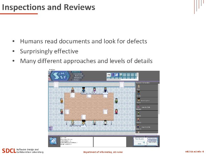 Inspections and Reviews • Humans read documents and look for defects • Surprisingly effective Inspections and Reviews • Humans read documents and look for defects • Surprisingly effective