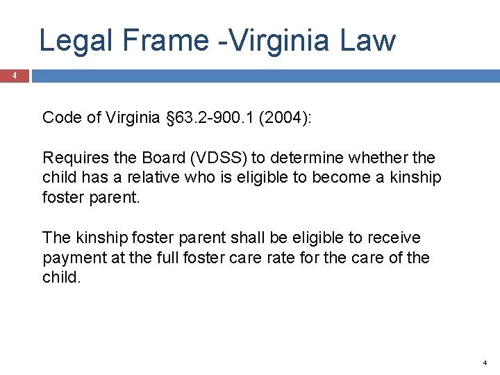 Legal Frame -Virginia Law 4 Code of Virginia § 63. 2 -900. 1 (2004):