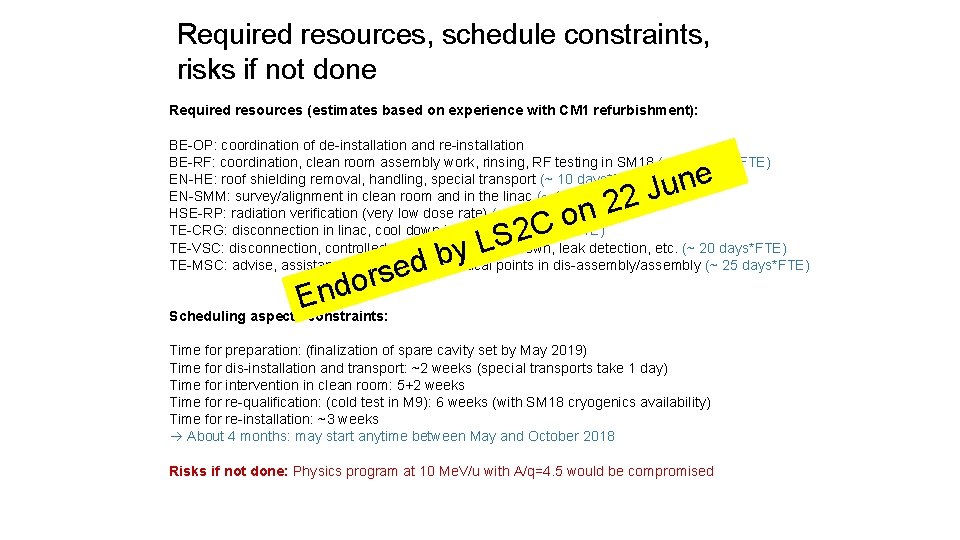 Required resources, schedule constraints, risks if not done Required resources (estimates based on experience