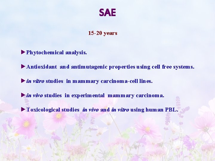 SAE 15 -20 years ►Phytochemical analysis. ►Antioxidant and antimutagenic properties using cell free systems.