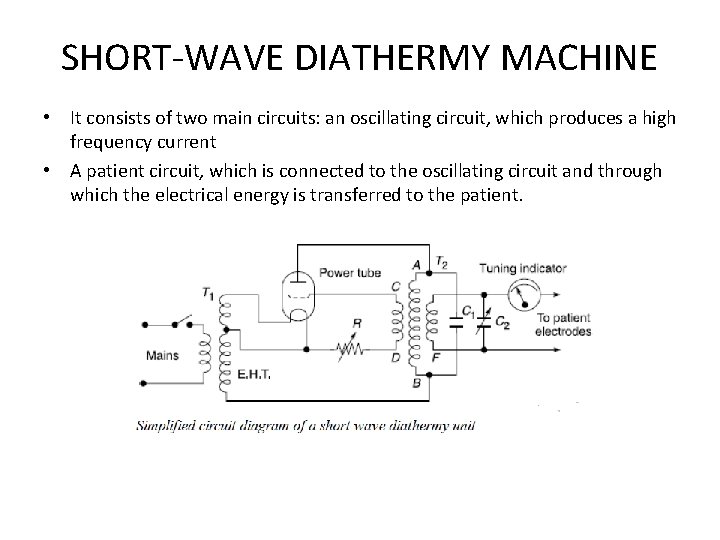 SHORT-WAVE DIATHERMY MACHINE • It consists of two main circuits: an oscillating circuit, which