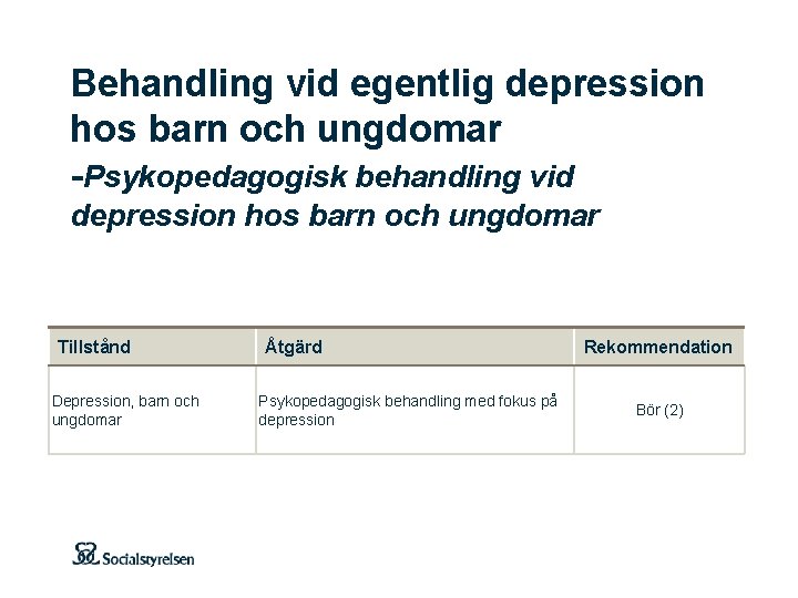 Behandling vid egentlig depression hos barn och ungdomar -Psykopedagogisk behandling vid depression hos barn