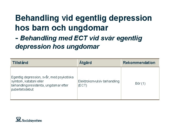 Behandling vid egentlig depression hos barn och ungdomar - Behandling med ECT vid svår