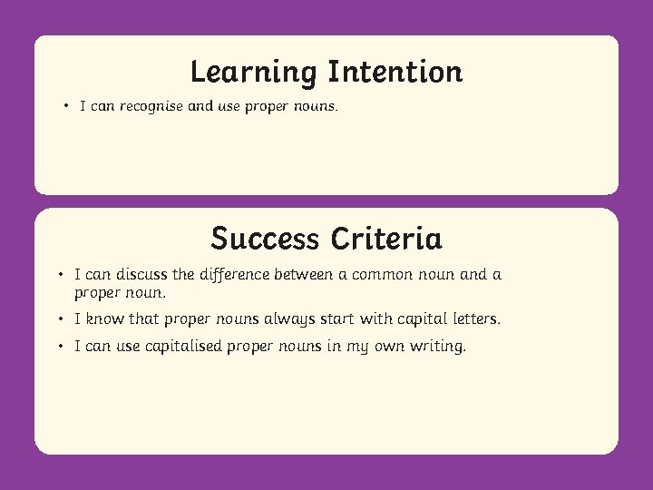 Learning Aim Intention • I can recognise and use proper nouns. Success Criteria •