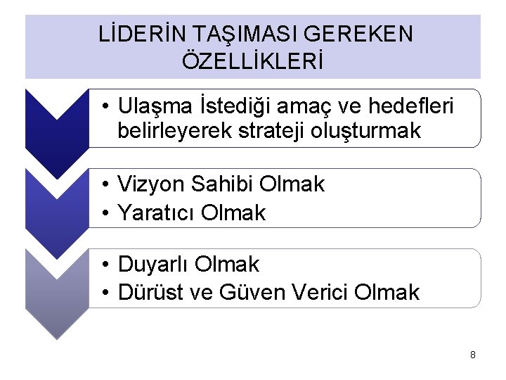 LİDERİN TAŞIMASI GEREKEN ÖZELLİKLERİ • Ulaşma İstediği amaç ve hedefleri belirleyerek strateji oluşturmak •