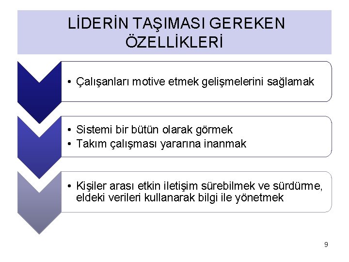 LİDERİN TAŞIMASI GEREKEN ÖZELLİKLERİ • Çalışanları motive etmek gelişmelerini sağlamak • Sistemi bir bütün