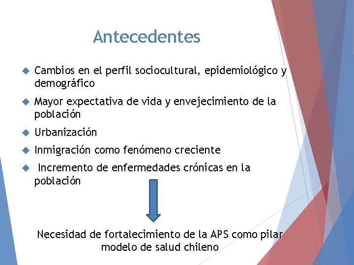 Antecedentes Cambios en el perfil sociocultural, epidemiológico y demográfico Mayor expectativa de vida y