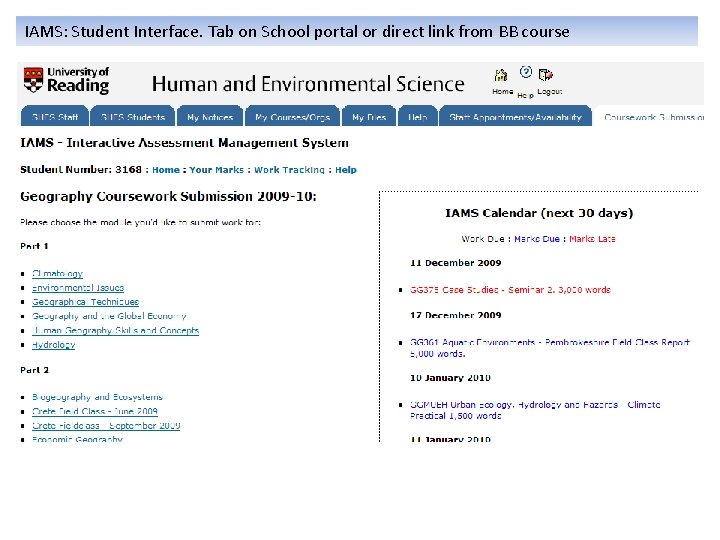 IAMS: Student Interface. Tab on School portal or direct link from BB course 