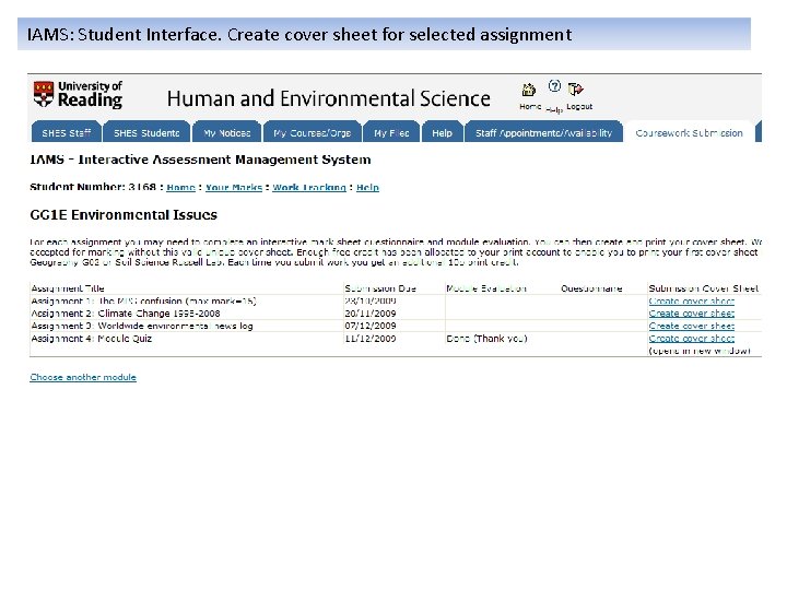 IAMS: Student Interface. Create cover sheet for selected assignment 