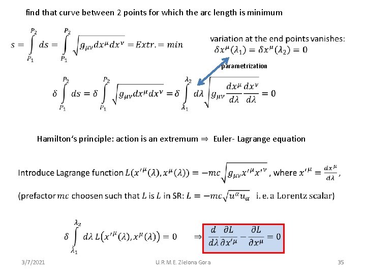 find that curve between 2 points for which the arc length is minimum parametrization