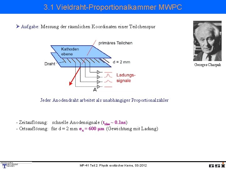 3. 1 Vieldraht-Proportionalkammer MWPC Ø Aufgabe: Messung der räumlichen Koordinaten einer Teilchenspur Georges Charpak