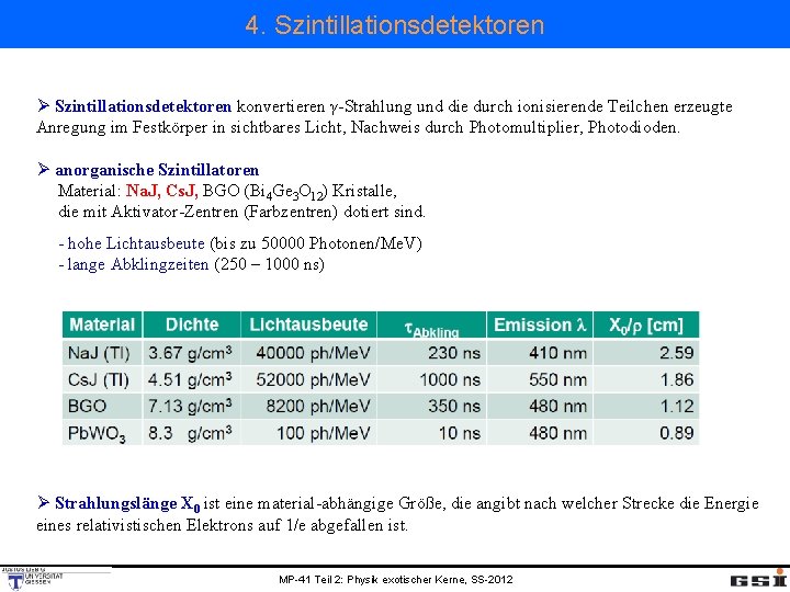 4. Szintillationsdetektoren Ø Szintillationsdetektoren konvertieren γ-Strahlung und die durch ionisierende Teilchen erzeugte Anregung im