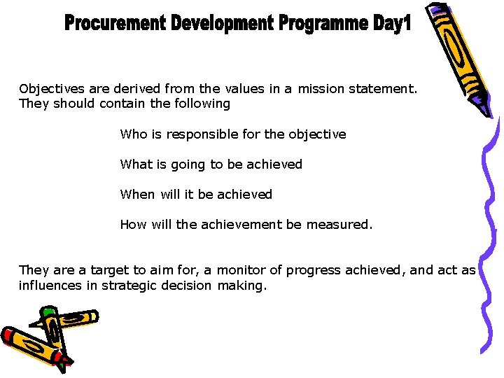 Objectives are derived from the values in a mission statement. They should contain the