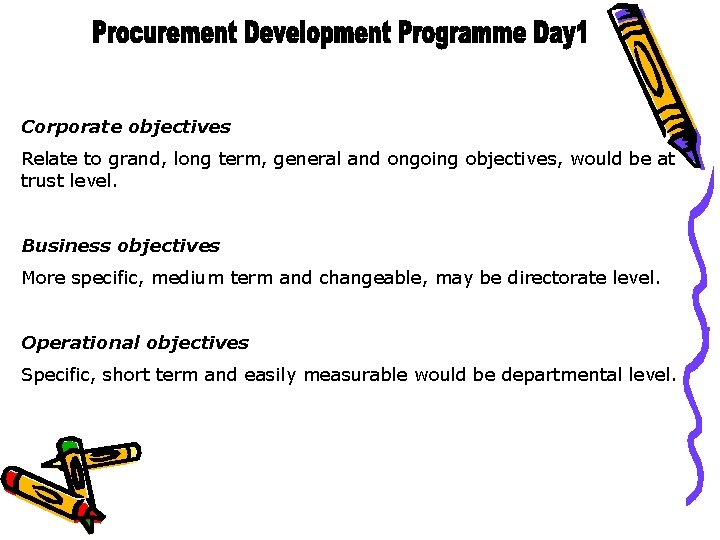Corporate objectives Relate to grand, long term, general and ongoing objectives, would be at