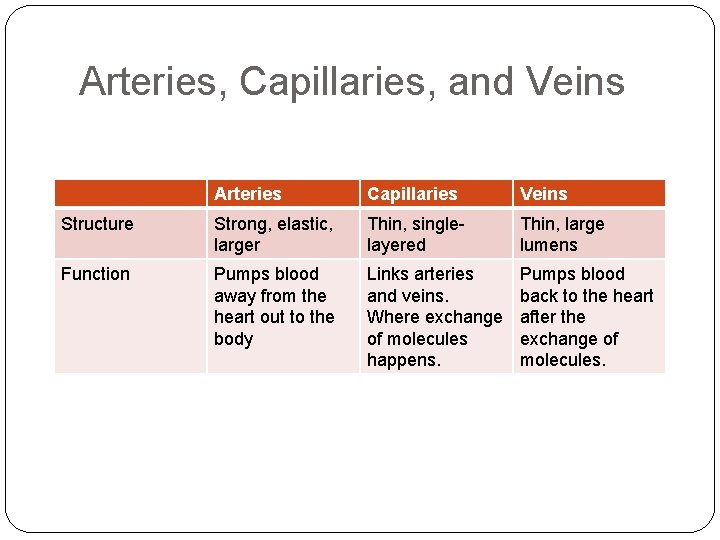 Arteries, Capillaries, and Veins Arteries Capillaries Veins Structure Strong, elastic, larger Thin, singlelayered Thin,