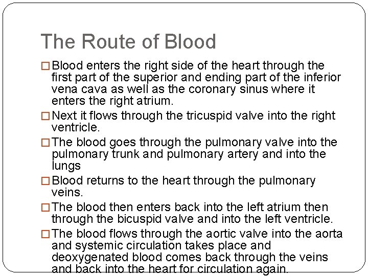 The Route of Blood � Blood enters the right side of the heart through