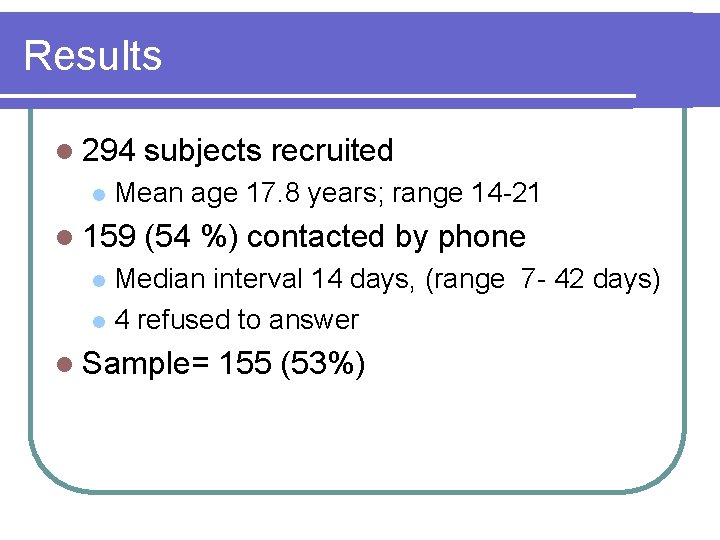 Results l 294 l subjects recruited Mean age 17. 8 years; range 14 -21 Results l 294 l subjects recruited Mean age 17. 8 years; range 14 -21