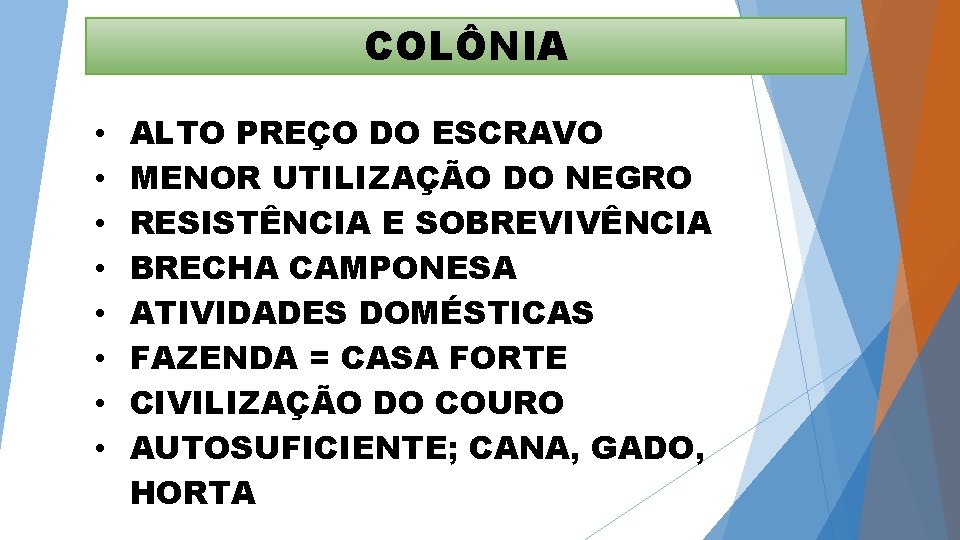 COLÔNIA • • ALTO PREÇO DO ESCRAVO MENOR UTILIZAÇÃO DO NEGRO RESISTÊNCIA E SOBREVIVÊNCIA