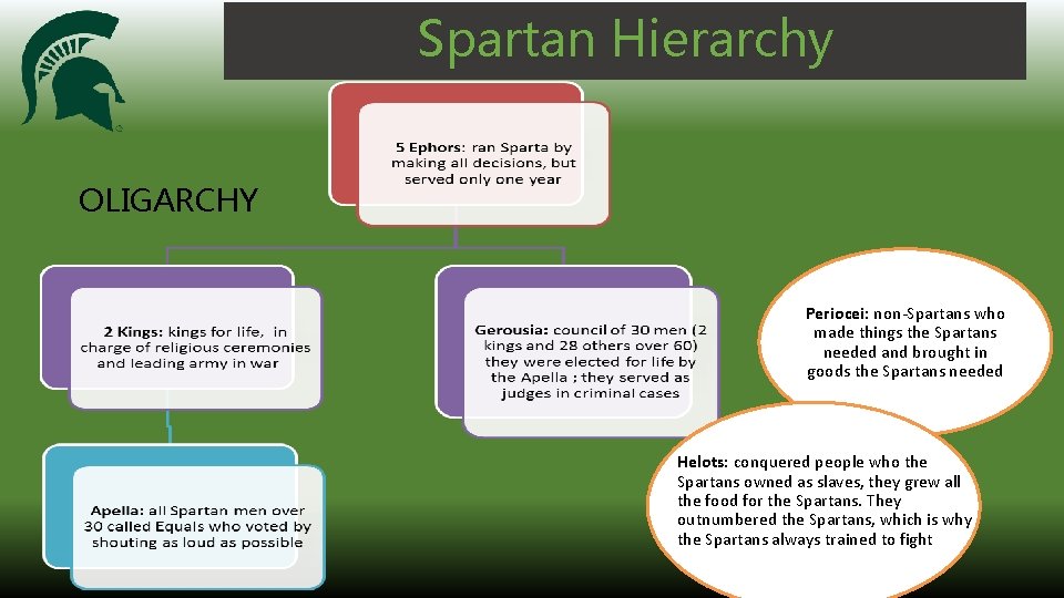 Spartan Hierarchy OLIGARCHY Periocei: non-Spartans who made things the Spartans needed and brought in