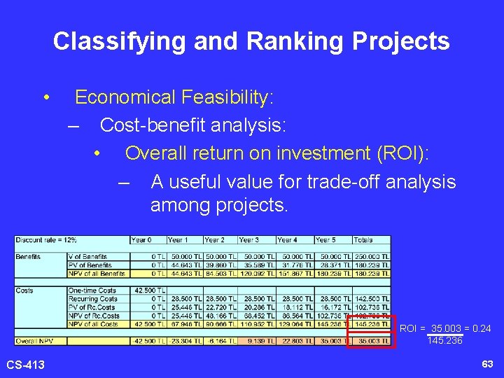 Classifying and Ranking Projects • Economical Feasibility: – Cost-benefit analysis: • Overall return on