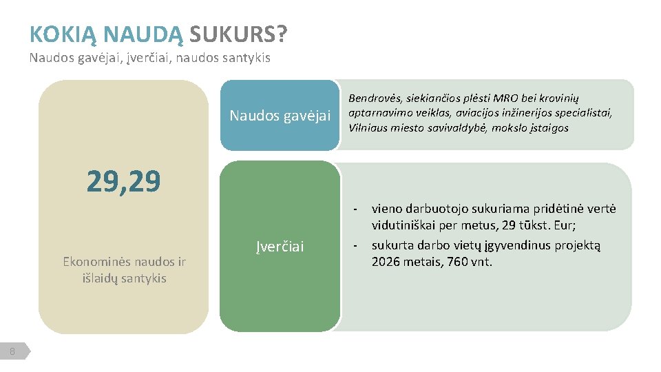 KOKIĄ NAUDĄ SUKURS? Naudos gavėjai, įverčiai, naudos santykis Naudos gavėjai 29, 29 Ekonominės naudos