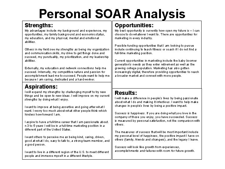 Personal SOAR Analysis Strengths: Opportunities: My advantages include my background and experience, my opportunities,