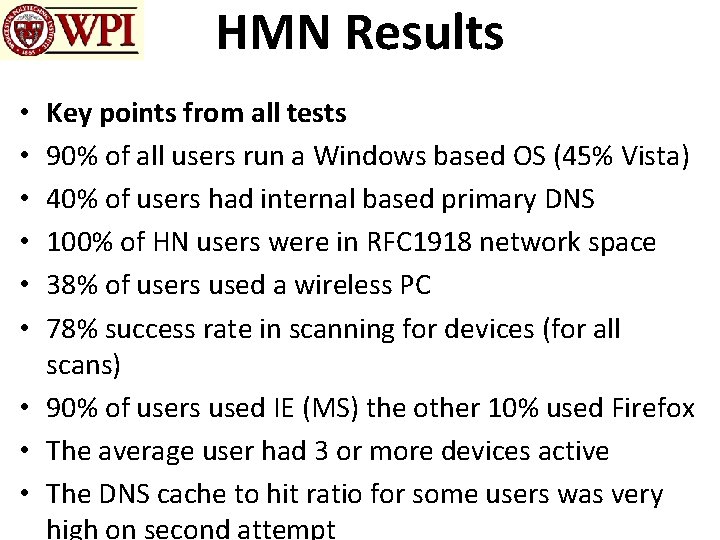 HMN Results Key points from all tests 90% of all users run a Windows
