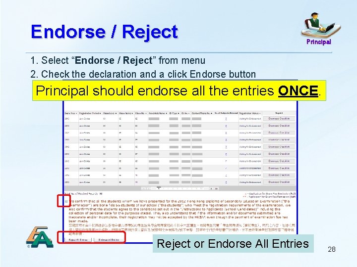 Endorse / Reject Principal 1. Select “Endorse / Reject” from menu 2. Check the