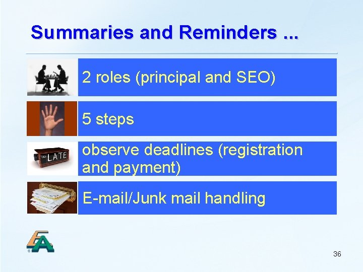 Summaries and Reminders. . . 2 roles (principal and SEO) 5 steps observe deadlines